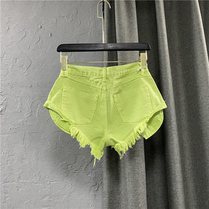 New Summer Women Fruit Green Denim Shorts Sexy Low-rise A-line Tassel Short Hot Pants Ladies Fashion Personality Pocket Pink