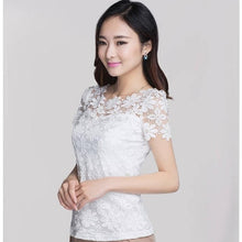 Load image into Gallery viewer, New Summer Women Short Sleeve Shirts Lace Tee Tops Women Clothing Women Lace Blouse Sexy Floral Sheer Blouses