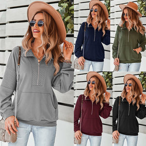 New Sweatshirt 2021 Autumn And Winter Warm And Comfortable Top With Elegant Loose Pure Color Zipper Stand Collar Hoodies Women