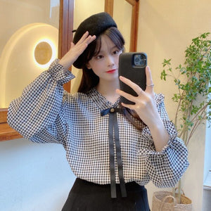 New Sweet Fungus Edge Tops Long Sleeve 2022 Vintage Plaid Shirts Fresh Mori Girl Lace Up Bow Blouses Spring Women All Match