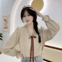 Load image into Gallery viewer, New Sweet Fungus Edge Tops Long Sleeve 2022 Vintage Plaid Shirts Fresh Mori Girl Lace Up Bow Blouses Spring Women All Match