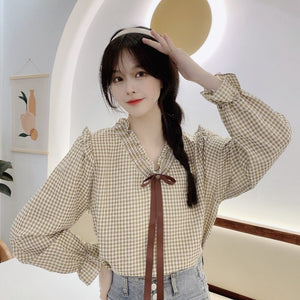 New Sweet Fungus Edge Tops Long Sleeve 2022 Vintage Plaid Shirts Fresh Mori Girl Lace Up Bow Blouses Spring Women All Match