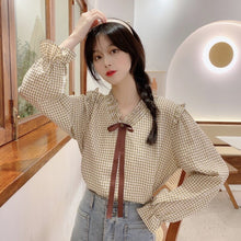 Load image into Gallery viewer, New Sweet Fungus Edge Tops Long Sleeve 2022 Vintage Plaid Shirts Fresh Mori Girl Lace Up Bow Blouses Spring Women All Match