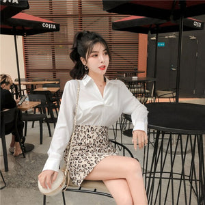 New Temperament Women's 2 Piece Set Fashion Lapel Long Sleeve Shirt + Slim Bodycon Leopard Print Skirt Suits Office Lady Outfits