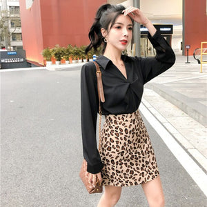 New Temperament Women's 2 Piece Set Fashion Lapel Long Sleeve Shirt + Slim Bodycon Leopard Print Skirt Suits Office Lady Outfits