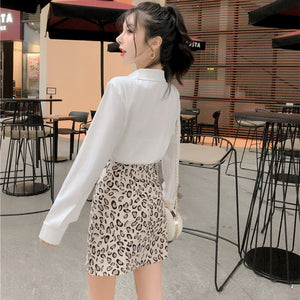 New Temperament Women's 2 Piece Set Fashion Lapel Long Sleeve Shirt + Slim Bodycon Leopard Print Skirt Suits Office Lady Outfits