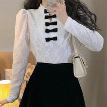 Load image into Gallery viewer, New Vinatge Stand Collar Bow Tops Long Sleeve French Elegant Hook Flower Shirts Women 2022 Simple Cropped Blouses Spring