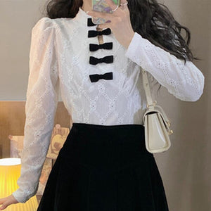 New Vinatge Stand Collar Bow Tops Long Sleeve French Elegant Hook Flower Shirts Women 2022 Simple Cropped Blouses Spring
