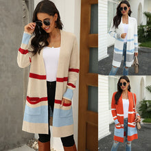 Load image into Gallery viewer, New Women 2020 Autumn And Winter Pocket Knitted Cardigan Striped Stitching Contrast Cardigan Sweater Cardigan Women's