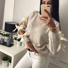 Load image into Gallery viewer, New Women Bow Hollow Out Long Sleeve Warm Sweater Pullover Knitting Bow Loose O-Neck Tops Blouse Knitwear
