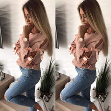 Load image into Gallery viewer, New Women Bow Hollow Out Long Sleeve Warm Sweater Pullover Knitting Bow Loose O-Neck Tops Blouse Knitwear