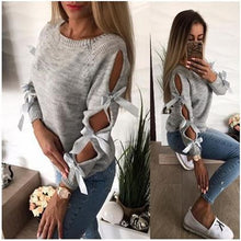 Load image into Gallery viewer, New Women Bow Hollow Out Long Sleeve Warm Sweater Pullover Knitting Bow Loose O-Neck Tops Blouse Knitwear