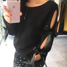 Load image into Gallery viewer, New Women Bow Hollow Out Long Sleeve Warm Sweater Pullover Knitting Bow Loose O-Neck Tops Blouse Knitwear