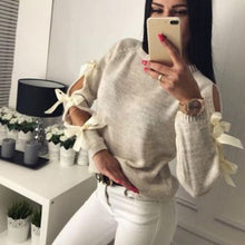 Load image into Gallery viewer, New Women Bow Hollow Out Long Sleeve Warm Sweater Pullover Knitting Bow Loose O-Neck Tops Blouse Knitwear