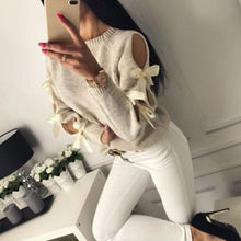 Load image into Gallery viewer, New Women Bow Hollow Out Long Sleeve Warm Sweater Pullover Knitting Bow Loose O-Neck Tops Blouse Knitwear