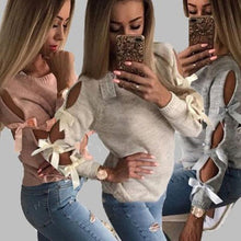 Load image into Gallery viewer, New Women Bow Hollow Out Long Sleeve Warm Sweater Pullover Knitting Bow Loose O-Neck Tops Blouse Knitwear