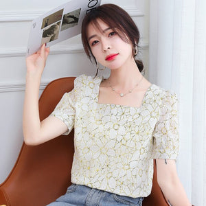 New Women Clothing Printing Chiffon Blouse Female Korean Shirts Ladies Blusas Tops Shirt Square Collar Puff Sleeve Sweet Tops