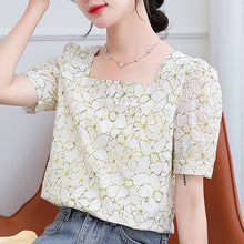 Load image into Gallery viewer, New Women Clothing Printing Chiffon Blouse Female Korean Shirts Ladies Blusas Tops Shirt Square Collar Puff Sleeve Sweet Tops