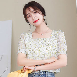 New Women Clothing Printing Chiffon Blouse Female Korean Shirts Ladies Blusas Tops Shirt Square Collar Puff Sleeve Sweet Tops