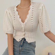 Load image into Gallery viewer, New Women Fashion Sexy V-Neck Hollow out Crochet Knitted Cardigan Female 2021 Korea Summer Puff Sleeve Casual Tops