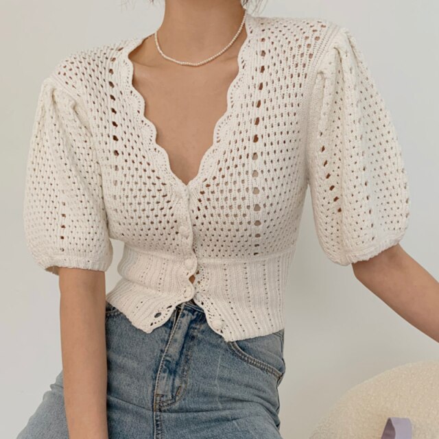 New Women Fashion Sexy V-Neck Hollow out Crochet Knitted Cardigan Female 2021 Korea Summer Puff Sleeve Casual Tops