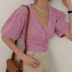 New Women Fashion Sexy V-Neck Hollow out Crochet Knitted Cardigan Female 2021 Korea Summer Puff Sleeve Casual Tops