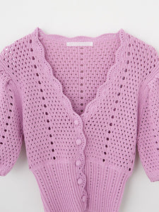 New Women Fashion Sexy V-Neck Hollow out Crochet Knitted Cardigan Female 2021 Korea Summer Puff Sleeve Casual Tops
