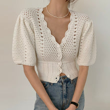 Load image into Gallery viewer, New Women Fashion Sexy V-Neck Hollow out Crochet Knitted Cardigan Female 2021 Korea Summer Puff Sleeve Casual Tops