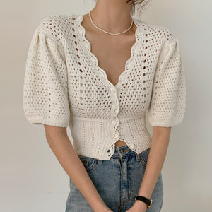 New Women Fashion Sexy V-Neck Hollow out Crochet Knitted Cardigan Female 2021 Korea Summer Puff Sleeve Casual Tops