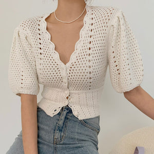 New Women Fashion Sexy V-Neck Hollow out Crochet Knitted Cardigan Female 2021 Korea Summer Puff Sleeve Casual Tops