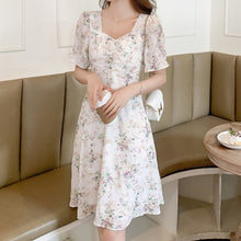 Load image into Gallery viewer, New Women Fashion Short Sleeve Beading Square Collar Slim Floral Dress Summer Ladies Casual Sweet Embroidered Chiffon Fairy Robe