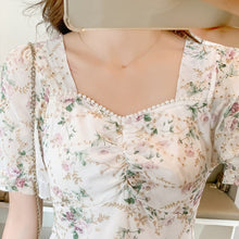 Load image into Gallery viewer, New Women Fashion Short Sleeve Beading Square Collar Slim Floral Dress Summer Ladies Casual Sweet Embroidered Chiffon Fairy Robe