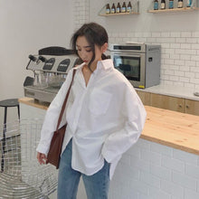 Load image into Gallery viewer, New Women Korean Shirt Lapel Single Breasted Poplin Fashion Solid Color Loose Simple Autumn Long-Sleeve White Shirts Lady Tops