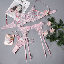Load image into Gallery viewer, New Women Lingerie Pink Bra and Panty Sensual Lace Mesh Underwear Langerie Floral Embroidery Transparent 3pcs Patchwork Costume