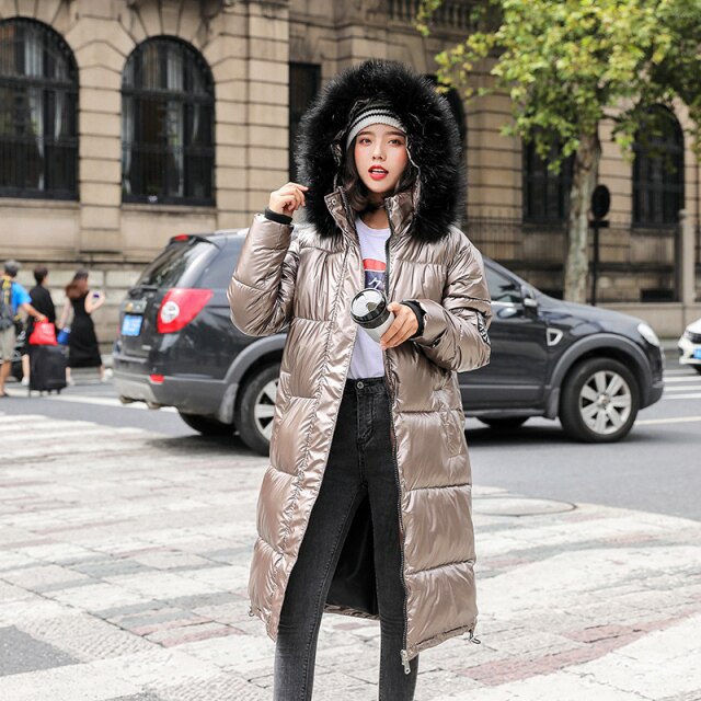 New Women Long Coat Parkas Female Glossy Winter Warm Thicken Faux Fur Coats Silver Down Jacket Parker Jacket Coat