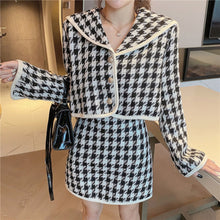 Load image into Gallery viewer, New Women Plaid Tweed Set Korean Ins Vintage Sailor Collar Long Sleeve Crop Coat + High Waist Mini Skirt Two Piece Sets