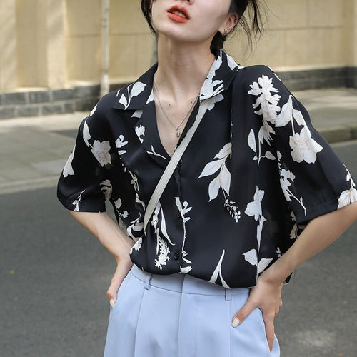 New Women Polo Neck Short Sleeve Office Lady Blouse 2021 New Summer Print Buttons Fashion Style Shirt Outwear Plus Size