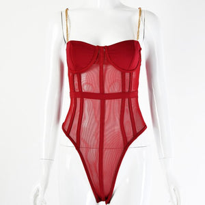 New Women Rompers Solid Chain Cotton Fashion Spaghetti Strap Bodysuit Sexy 2021 Summer Ladies Mesh Bodycon