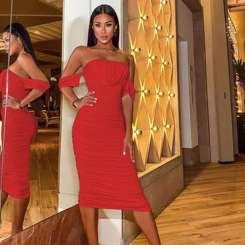 New Women Sexy Dress Draped Bodycon Dress Sexy Summer Off Shoulder Ruched Backless Party Dresses Female Elegant Dress Clubwear