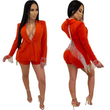 Load image into Gallery viewer, New Women Shorts Set Sexy Tassel Deep V Neck Suit Jacket Coat And Shorts Two Piece Outfits Set Red Black White