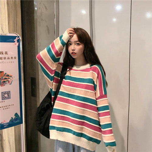 New Women Stripe Sweater Autumn Winter Loose Long Sleeve Pullover Tops Korean Ladies Knitted Patchwork Korean Fashion Sweaters