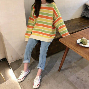 New Women Stripe Sweater Autumn Winter Loose Long Sleeve Pullover Tops Korean Ladies Knitted Patchwork Korean Fashion Sweaters