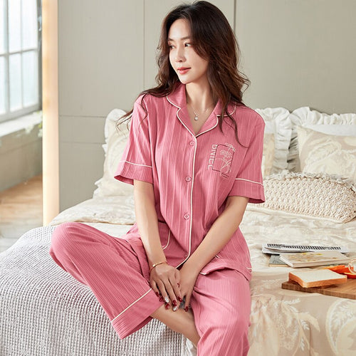 New Women Sweet Style O-Neck Short Sleeve Pocket Homewear Sets Summer Cardigan Long Pant Sleepwear Loose Elastic Waist Pajamas