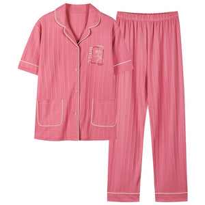 New Women Sweet Style O-Neck Short Sleeve Pocket Homewear Sets Summer Cardigan Long Pant Sleepwear Loose Elastic Waist Pajamas
