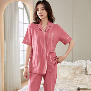 New Women Sweet Style O-Neck Short Sleeve Pocket Homewear Sets Summer Cardigan Long Pant Sleepwear Loose Elastic Waist Pajamas