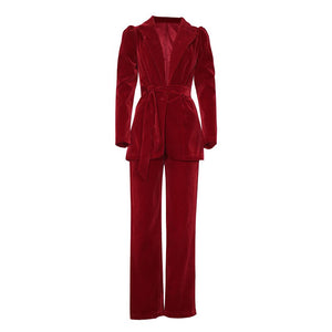 New Women Winter Red Women's Set Tracksuit Long Sleeve Bow Blazers Pencil Pants Suit Two Piece Set Office Lady Outfits Uniform