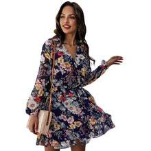 Load image into Gallery viewer, New Women&#39;s 2021 Spring Autumn V-Neck Long-Sleeved Chiffon Printed Dress Women Vintage Print Lace-Up Ruffle Stitching Dresses