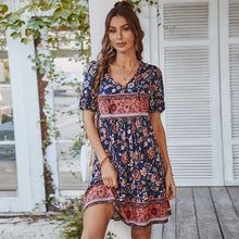 Load image into Gallery viewer, New Women&#39;s Casual Floral Print V Neck Dress Spring Summer Short Sleeve Loose Lace Up Pullover High Waist Female Mini Vestidos