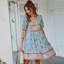 Load image into Gallery viewer, New Women&#39;s Casual Floral Print V Neck Dress Spring Summer Short Sleeve Loose Lace Up Pullover High Waist Female Mini Vestidos