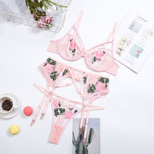 Load image into Gallery viewer, New Women Embroidered Lace Underwear Set Underwire Gathered Bra Sexy Garters Mesh See-through Thong Sexy Lingerie 3PCS Set